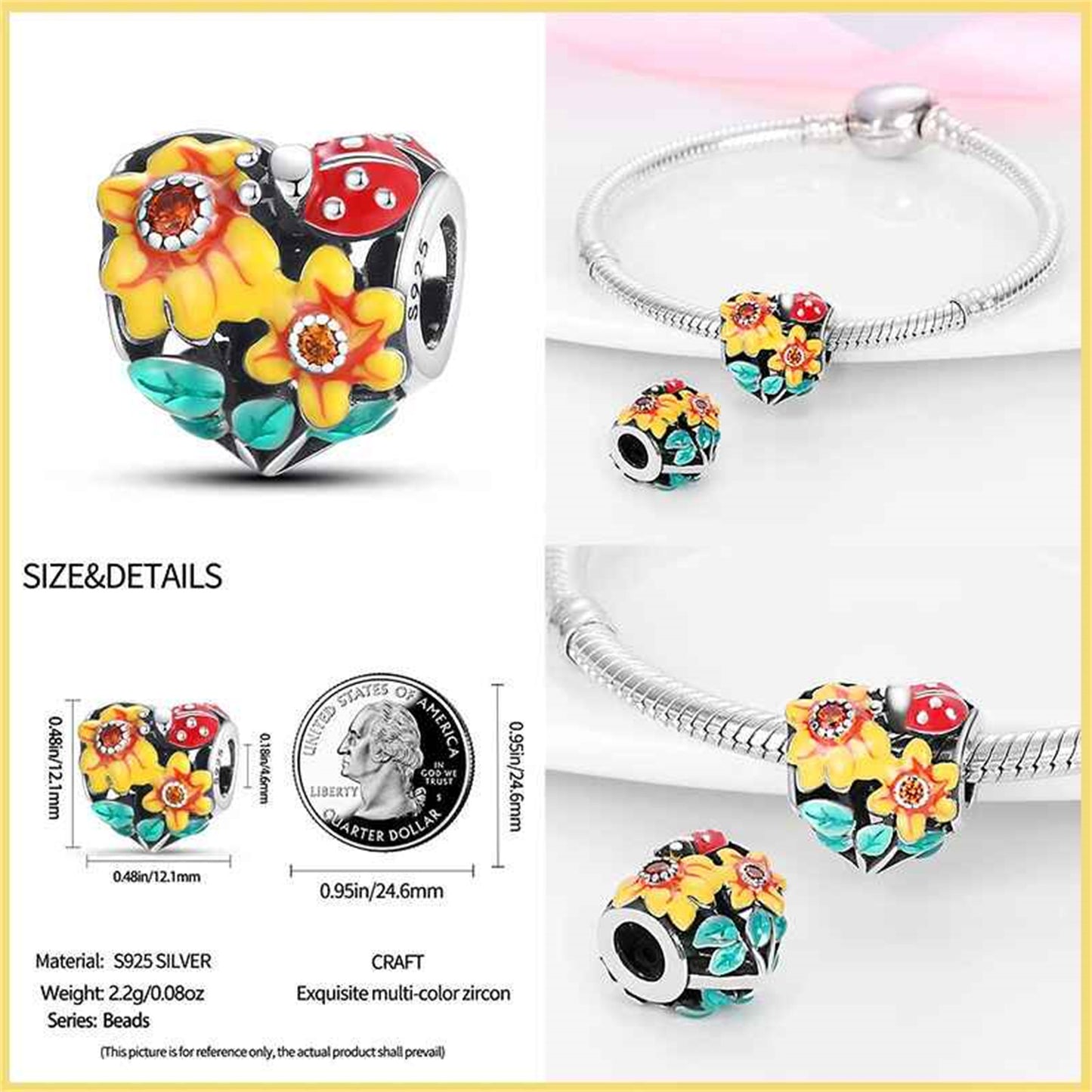 New 925 Sterling Silver Fashion Golden Sunflowers Heart