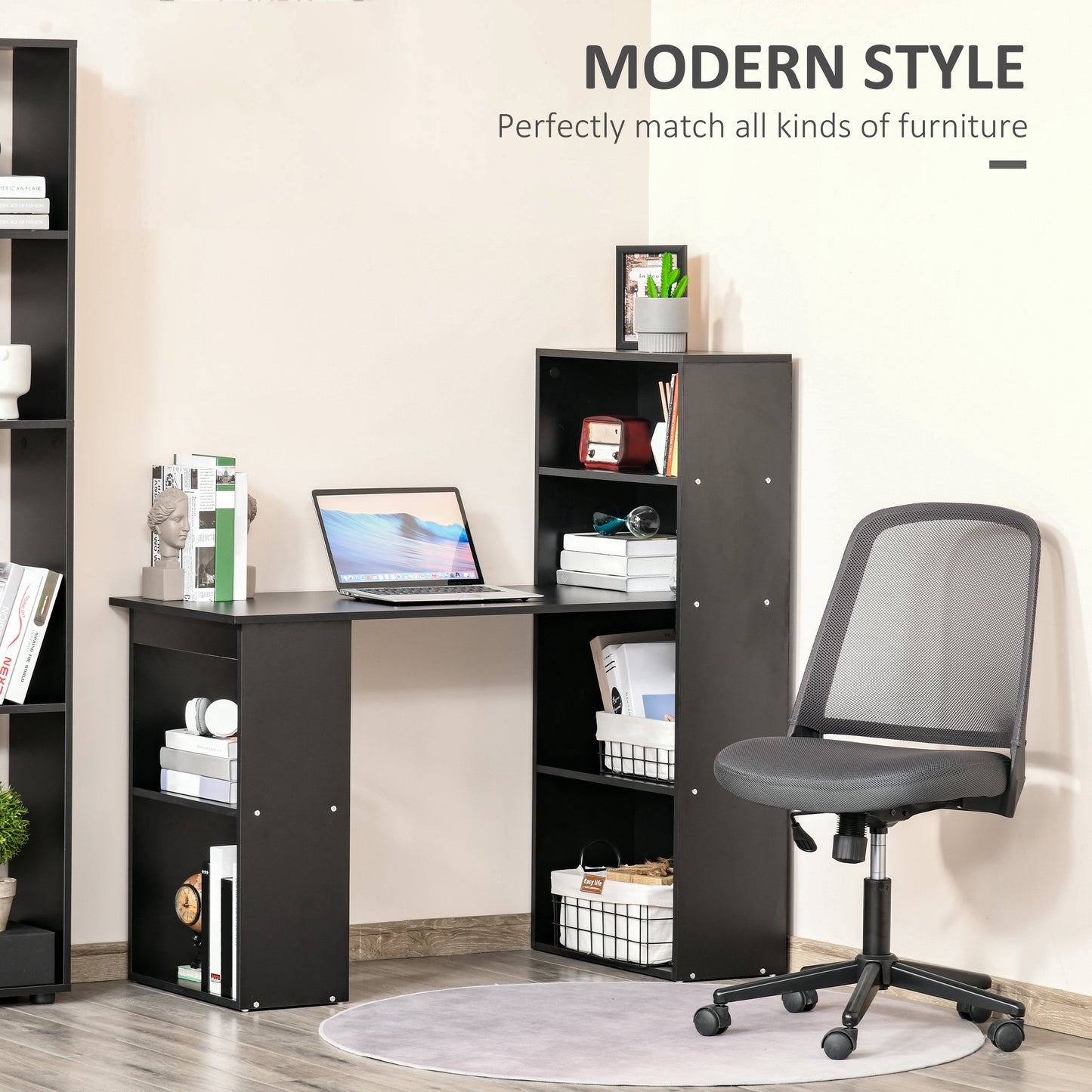 120cm Computer Desk, Wooden PC Laptop Table With 6-Tier Storage Bookshelves, Home Office Working Study Desk, Writing Workstation, Black