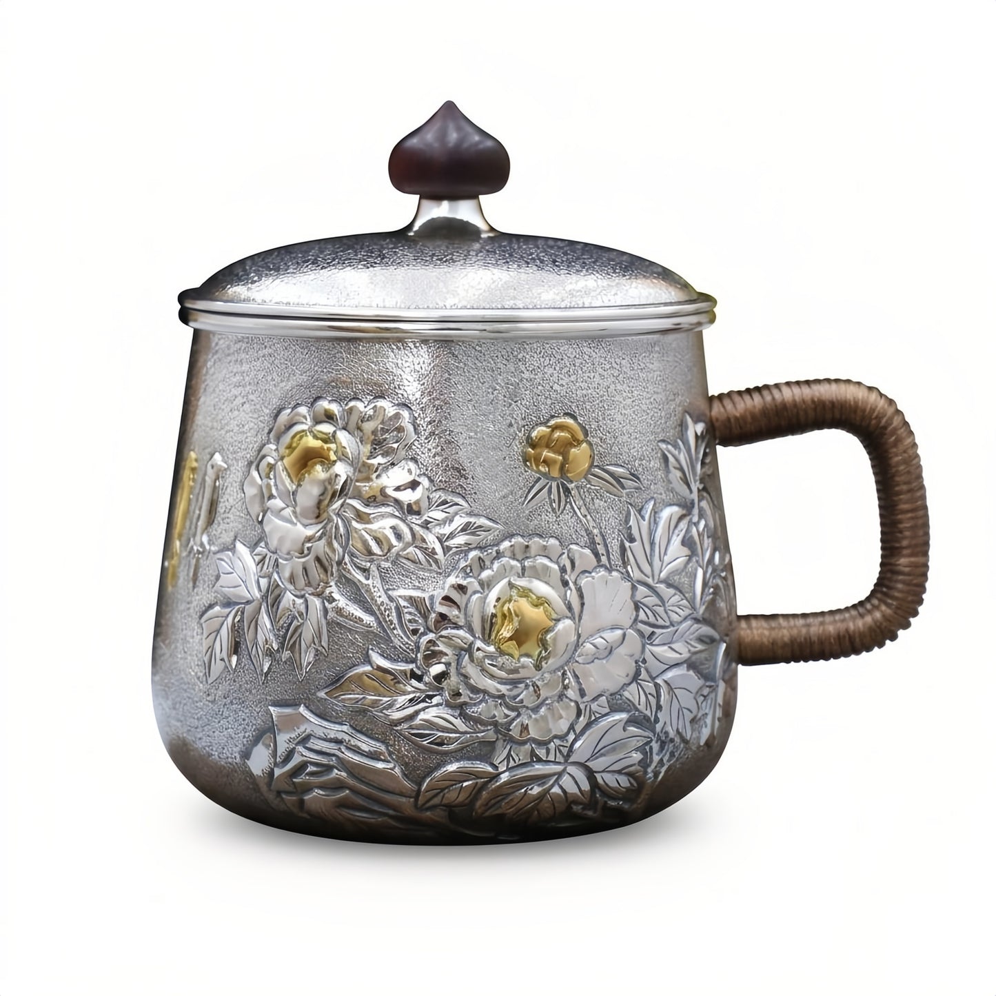 925 Sterling Silver Handcrafted Silver Tea Mug with Ornate Peony Relief and Rattan Handle - Handicraft
