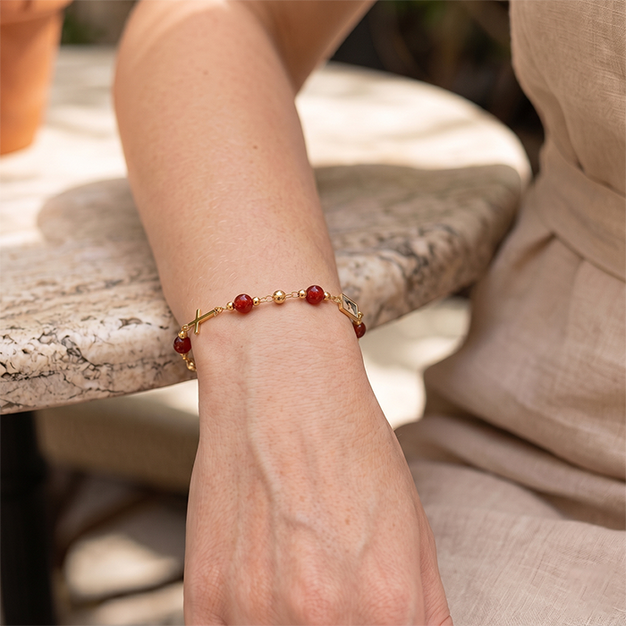 Real Mustard Seed Cross Bracelet For Women, 18K Gold Plated Stainless Steel Natural Stone Beads Bracelet, Religious Christian Faith Gift