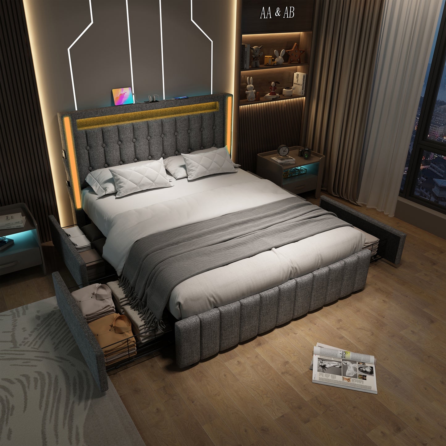 Sofa Bed USB Type C Charging Function LED Lighting And 4 Drawers, Youth Bed 160x200cm Double Bed Storage Bed Frame, Wooden Slats, Grey Without Mattress