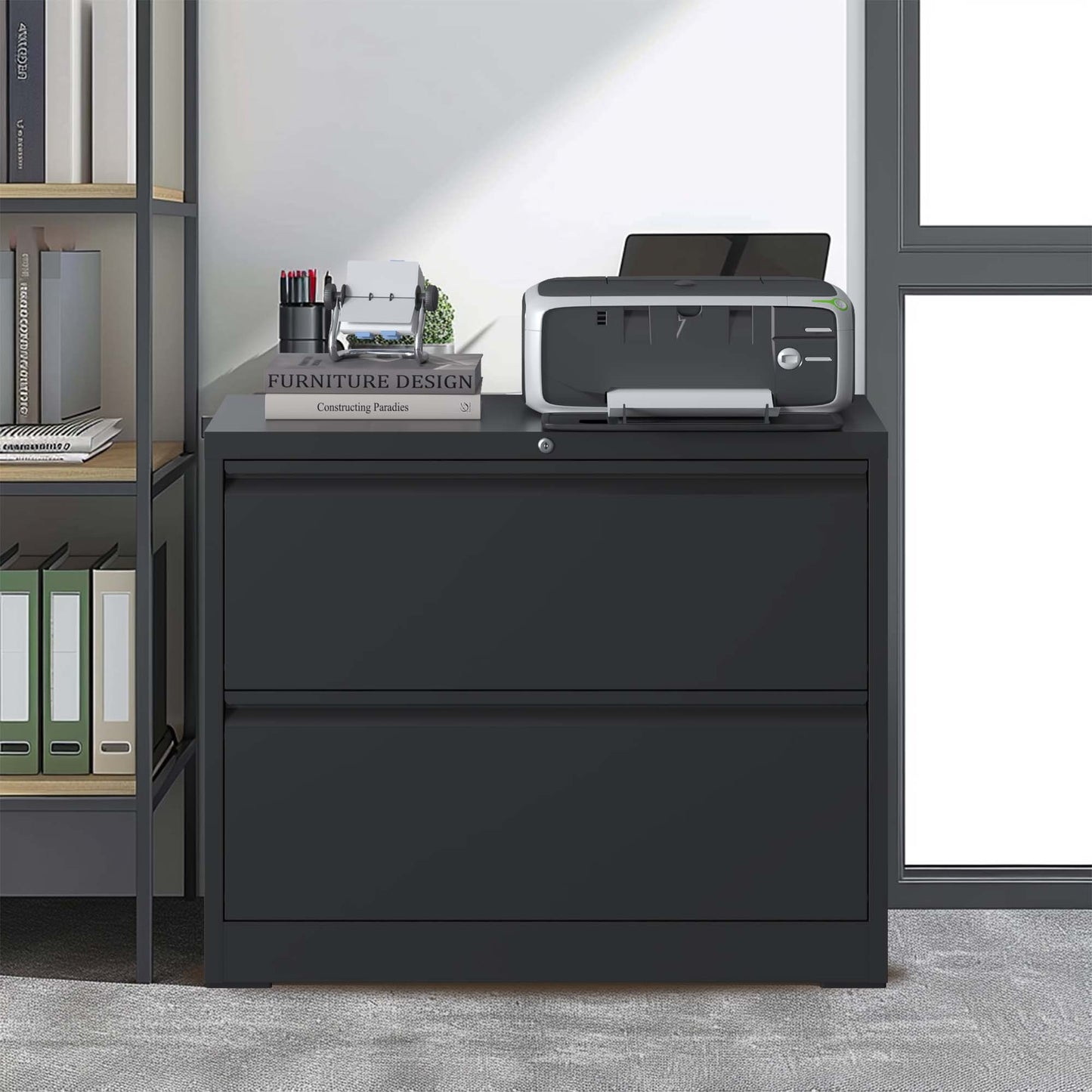 Lateral File Cabinet 2 Drawer, Black Filing Cabinet With Lock, Lockable File Cabinet For Home Office, Locking Metal File Cabinet For Legal Letter A4 F4 Size