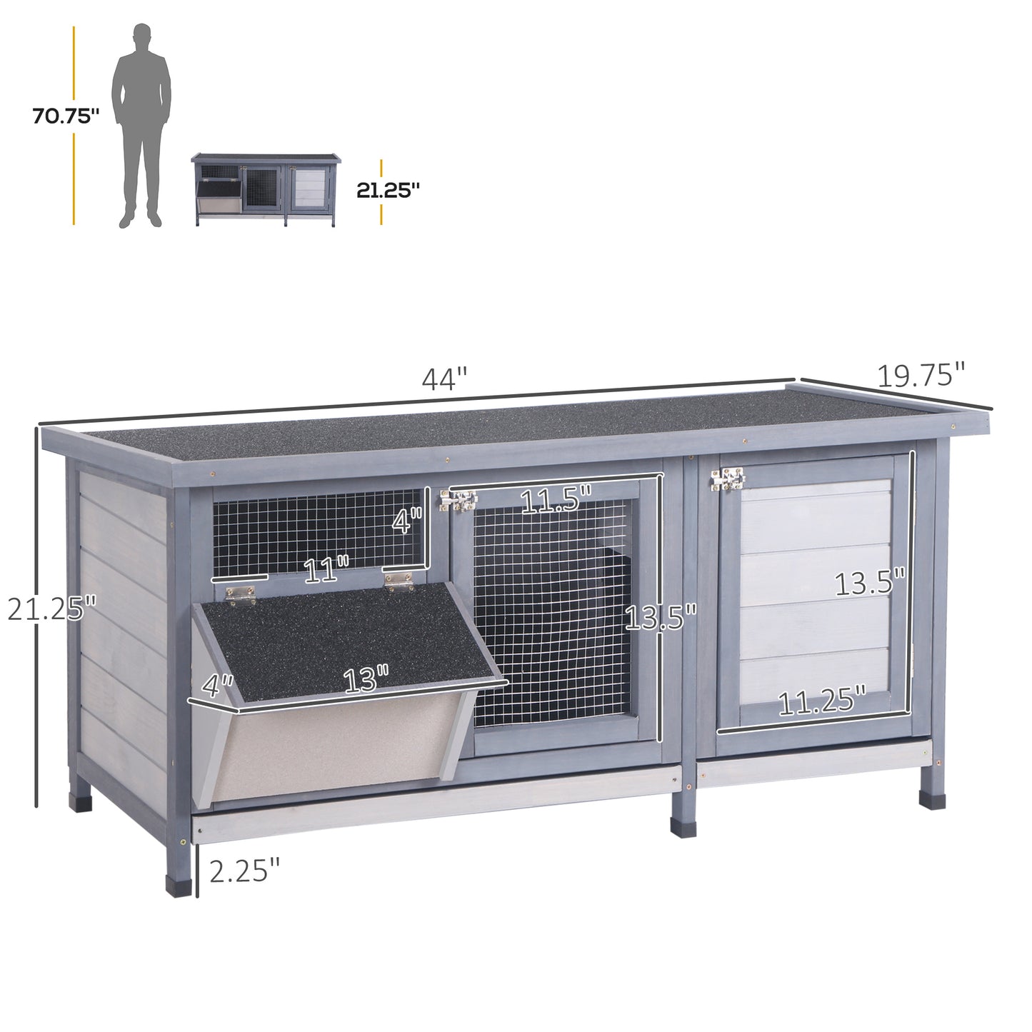 Wooden Rabbit Hutch Bunny Hutch Cage Guinea Pig With Waterproof Roof, No Leak Tray And Feeding Trough, For Rabbits, Chickens, Ducks, Indoor/Outdoor, Gray