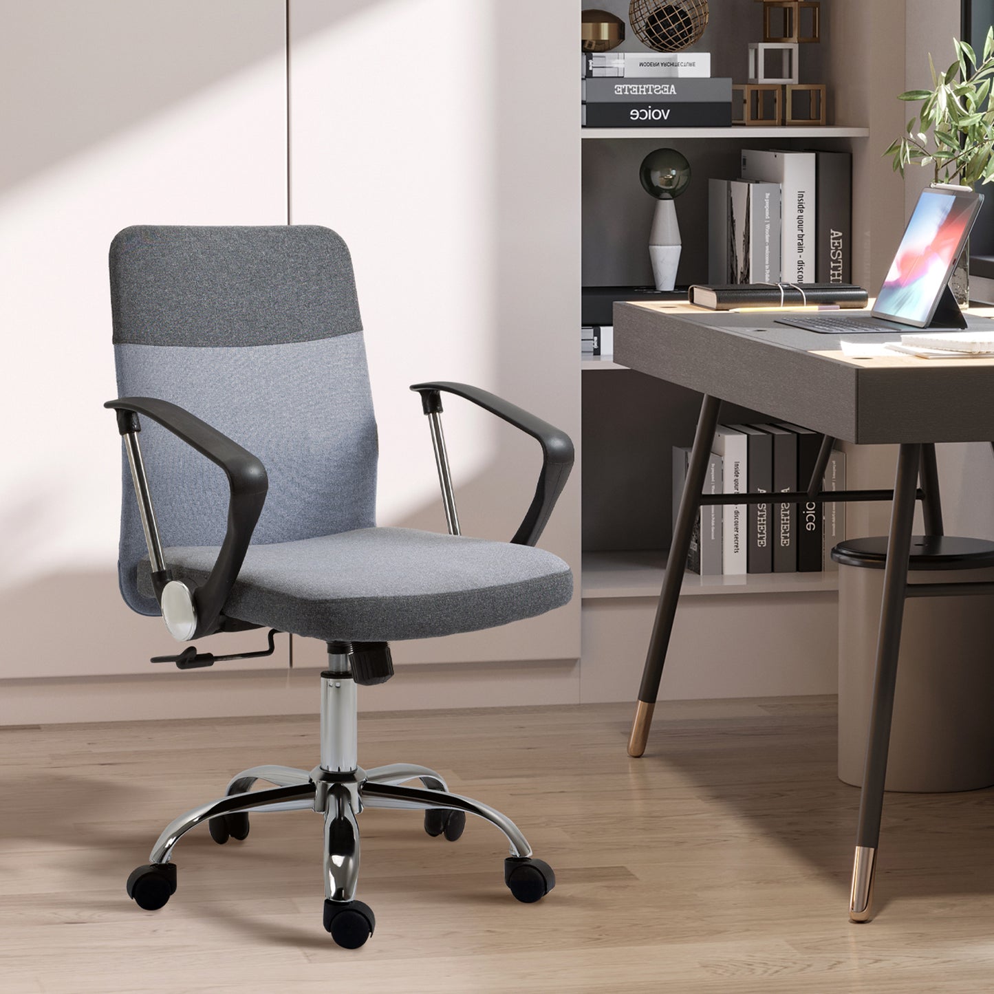 Vinsetto Office Chair Linen Fabric Swivel Computer Desk Chair Home Study Adjustable Chair With Wheels, Grey