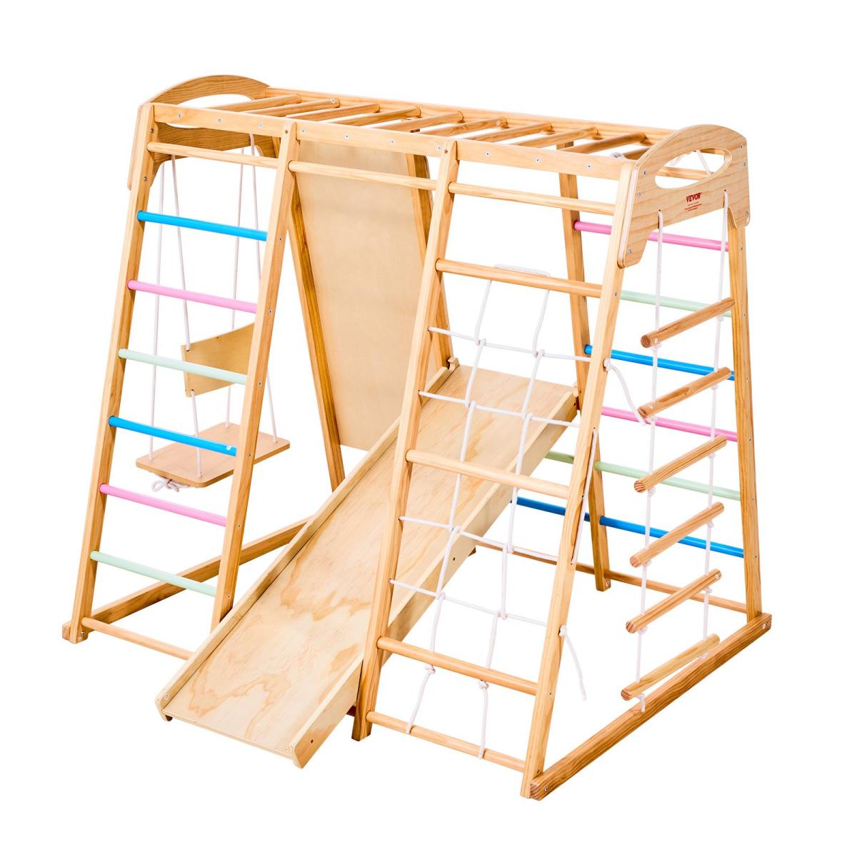 Indoor Playground Jungle Gym, 7-in-1 Wooden Indoor Playground For Kids, 250LBS Montessori Climbing Toys Playset With Swing, Monkey Bar, Slide, Wooden Ladder, Rope Ladder, Climbing Net & Rock