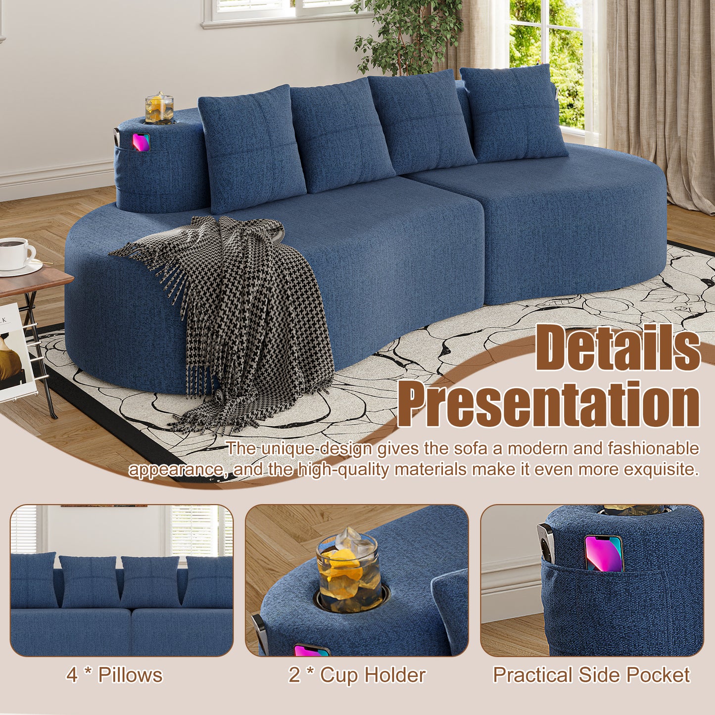 Modern Curved Sectional 3 Seat Minimalist Elegant Half Moon Sofa Compressed Modular Sectional Sofa For Living Room, Office, Apartment