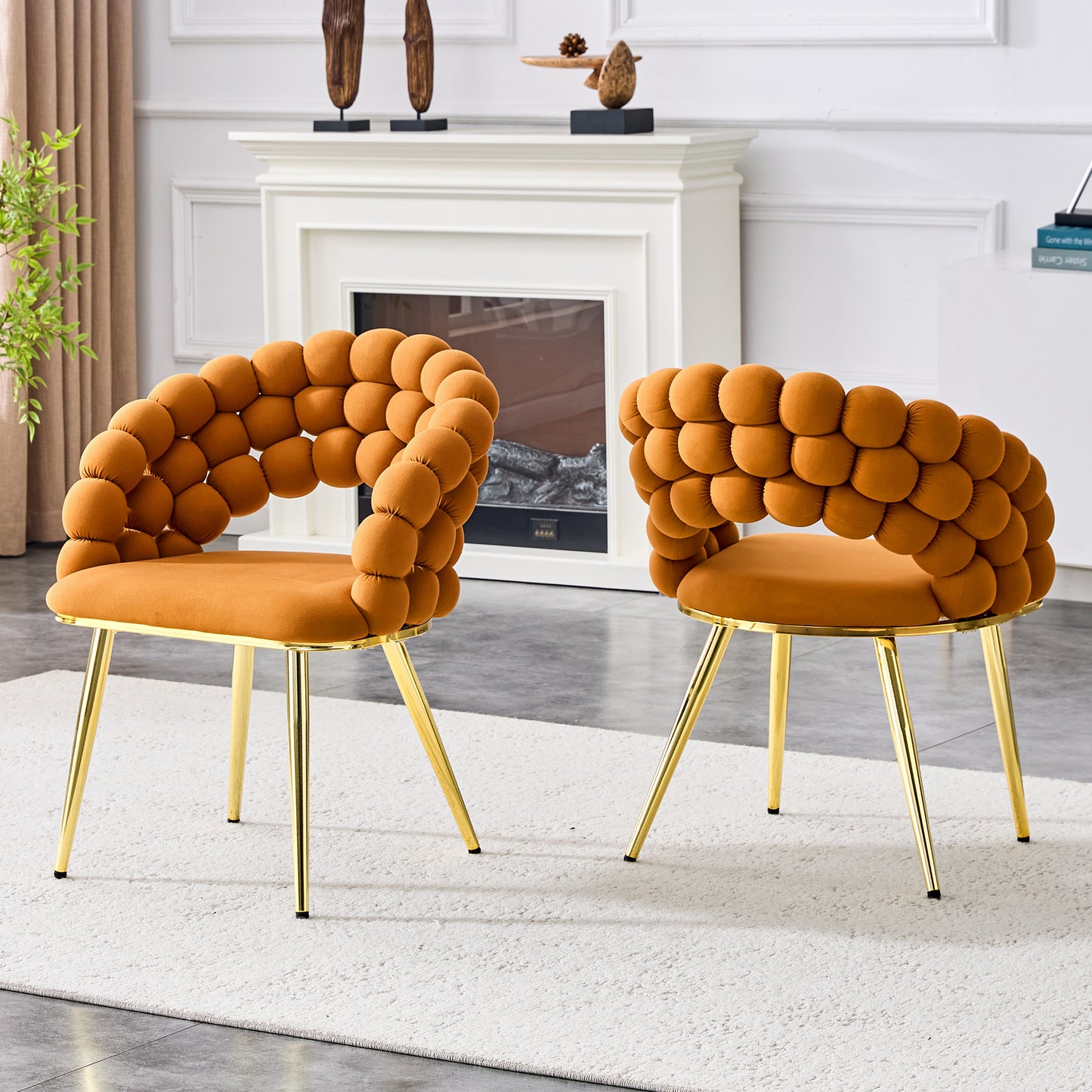 Set Of 2 Orange Puffy Bubble Chair Ball Chain Chair Velvet Dining Chairs With Gold Plated Legs, Modern Accent Chairs For Dining Room & Kitchen