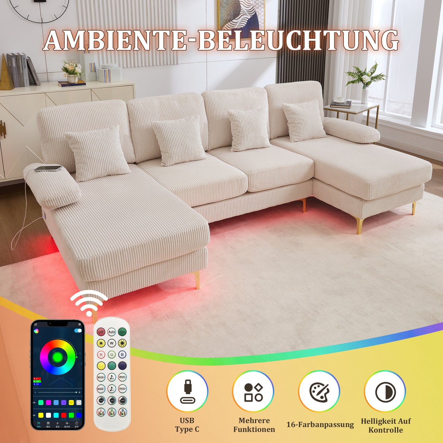 Modern U-shaped Sofa With LED Ambient Lighting & The USB-C Port Solid Wood Frame, 4 Luxurious Cushions & Ergonomic Premium Backrest For Maximum Comfort, Beige