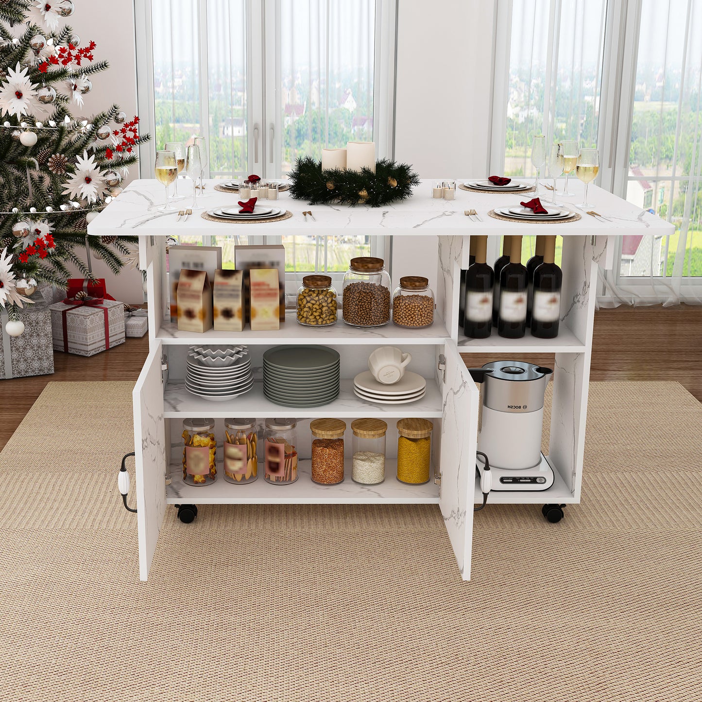 Multi-Functional Folding Table With Storage Shelves And Wheels  47 Inch Foldable Dining Table For Small Spaces  Compact Desk For Kitchen  Dorm  Office White