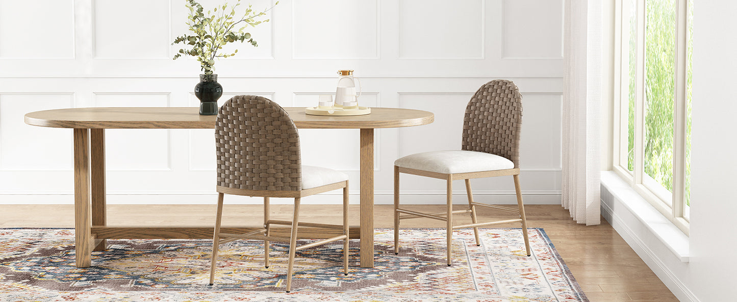 Farmhouse Dining Chairs Set Of 2, Upholstered Kitchen Chairs Armless Iron Side Chair With Rattan Backrest For Dining Room ,Restaurant,Brown
