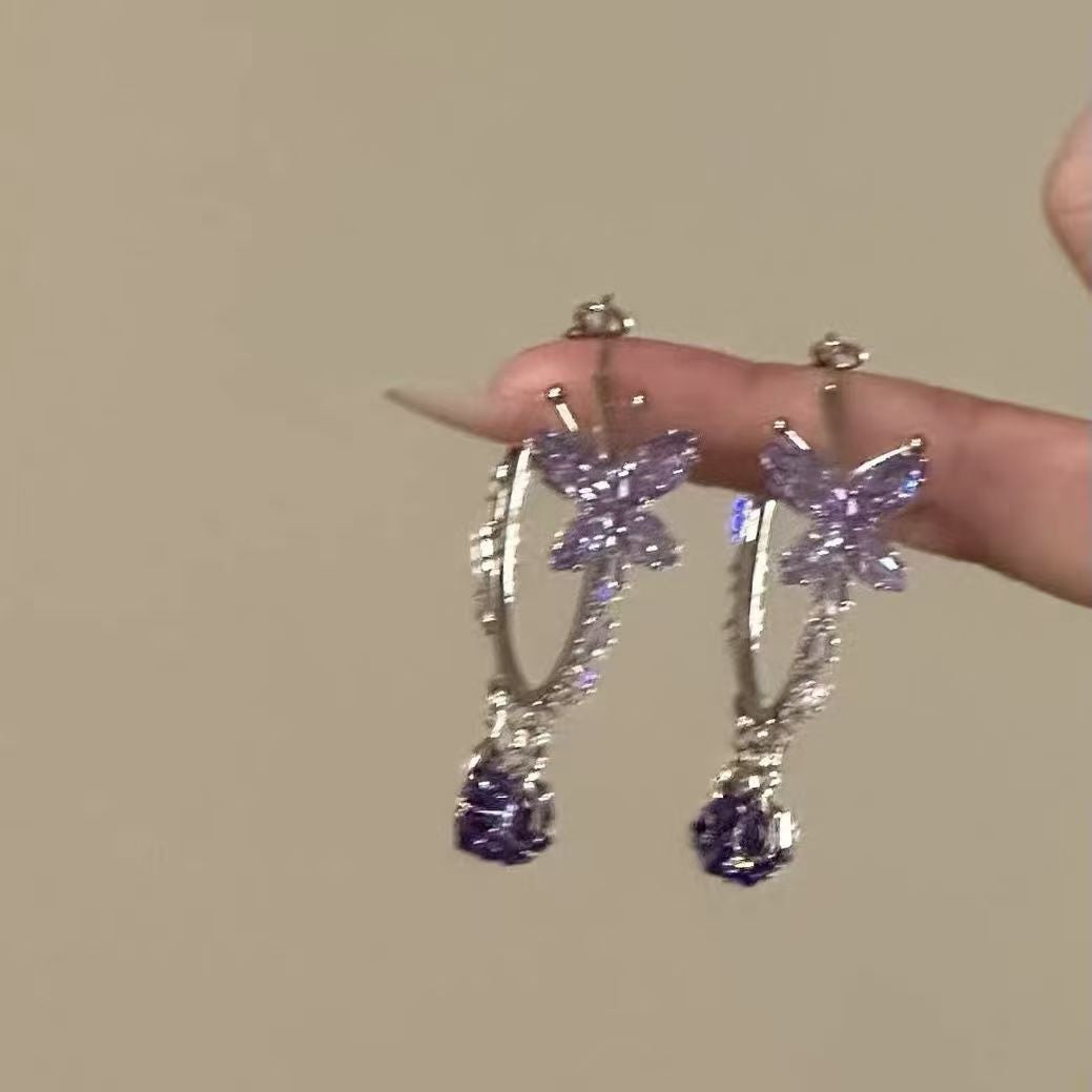New Purple Butterfly Water Drop Earrings, Popular Niche High-end Versatile Studs For Women