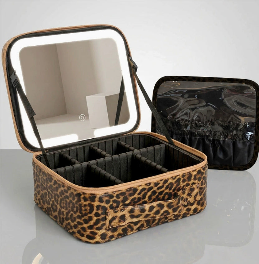 Makeup Bag With Mirror And Light Rechargeable PU Leather Travel Storage Box