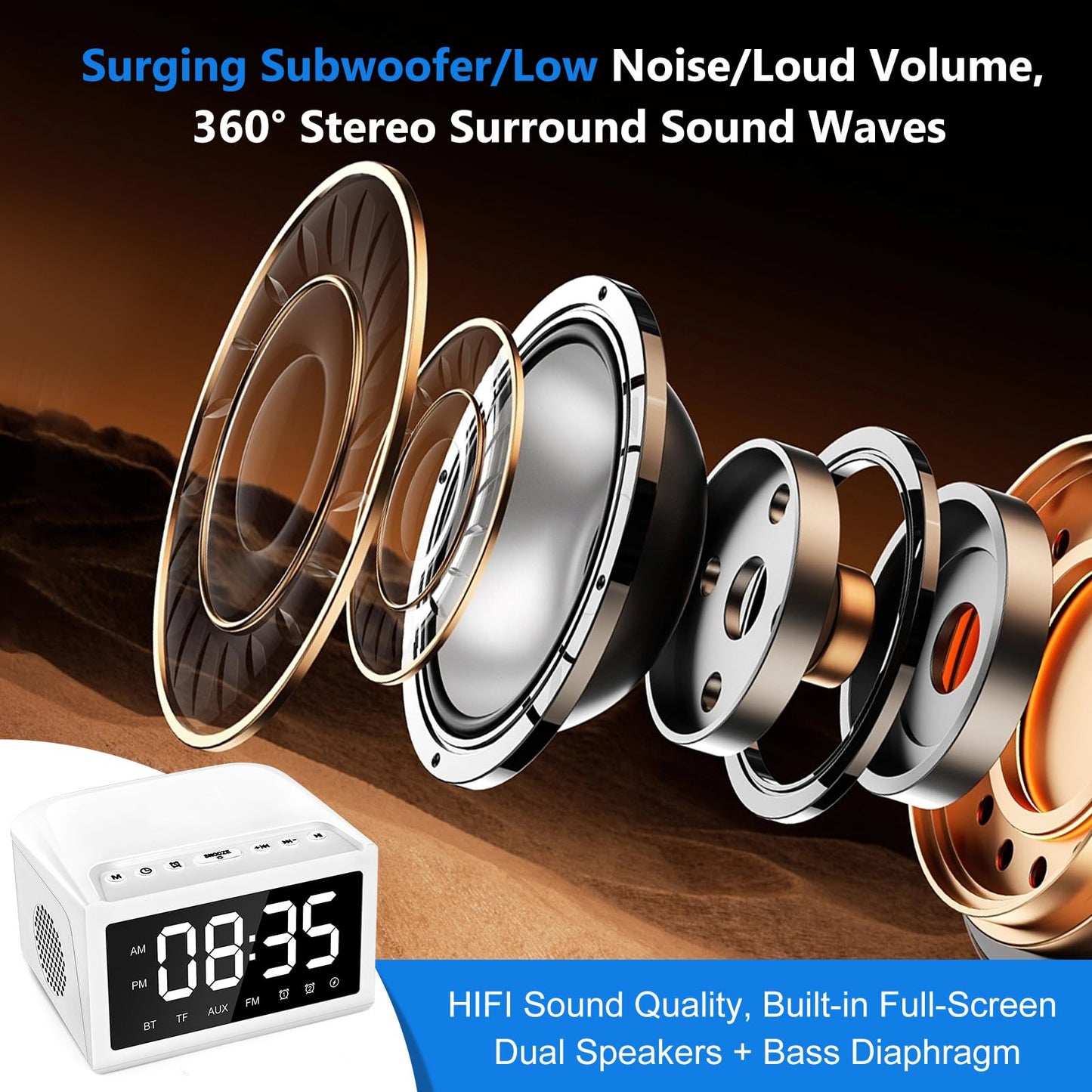 Alarm Clocks Bedside, Digital Alarm Clock Radio With Bluetooth Speaker, USB Charging Port, FM Radio, Universal Dimmable LED Display For Home, Work