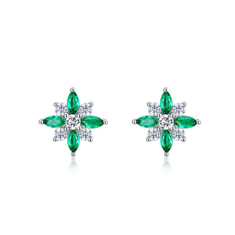 S925 Sterling Silver Lab-Grown Emerald Flower Stud Earrings, 4x2mm Marquise Cluster, Platinum Plated 1.4g, Women's Jewelry Gift Box