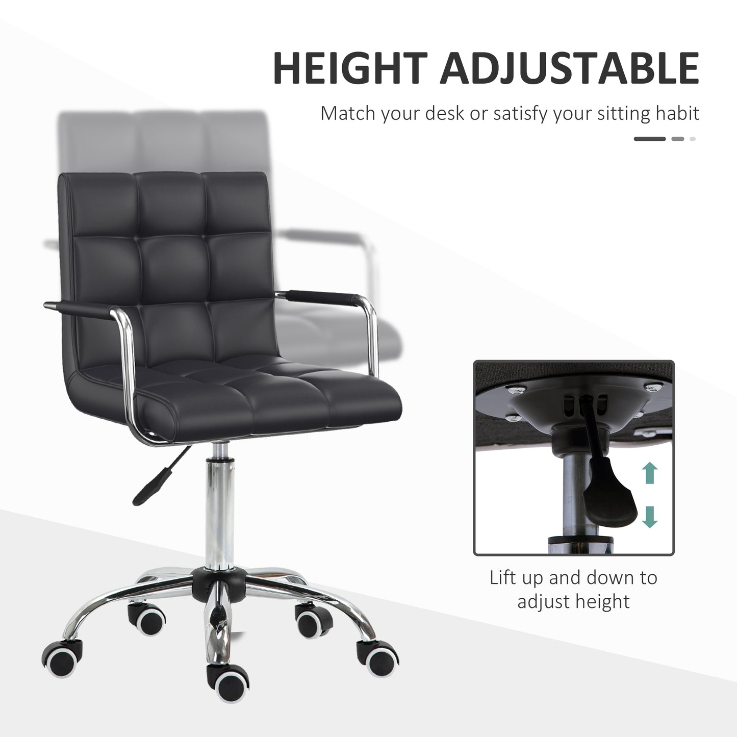 Vinsetto Makeup Vanity Chair, PU Leather Mid Back Office Chair With Adjustable Height, Armrest And Rolling Wheels, Black