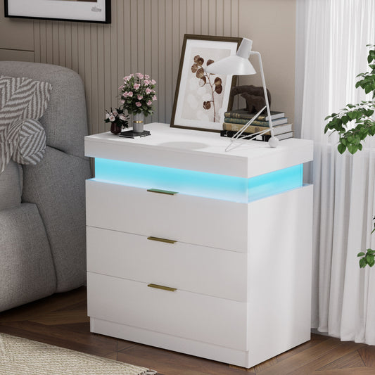 Nightstand With Charging Station And LED Lights,Night Stand With Sliding Top For Bedroom,Bedside Table With Drawers,Modern End Side Table,White.28.8 W X 17 D X 30.5 H.