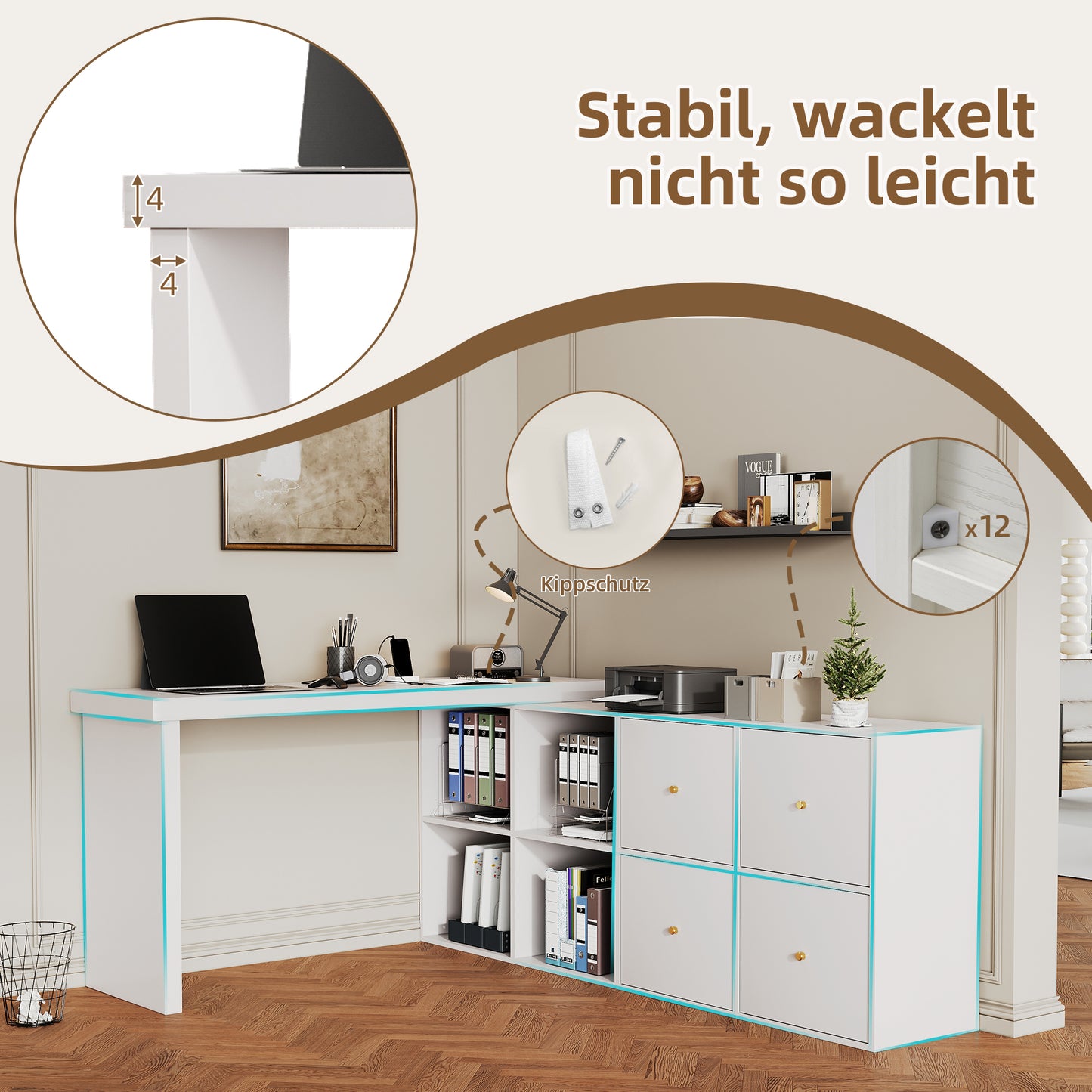 N880P3123534W Corner Table, Table Top 360degree Swivel-L-shaped Or Straight, MDF, Table Top And Legs 4 Cm Reinforced, With 4 Compartments, 4 Drawers, White, Flexible Positioning, Desk