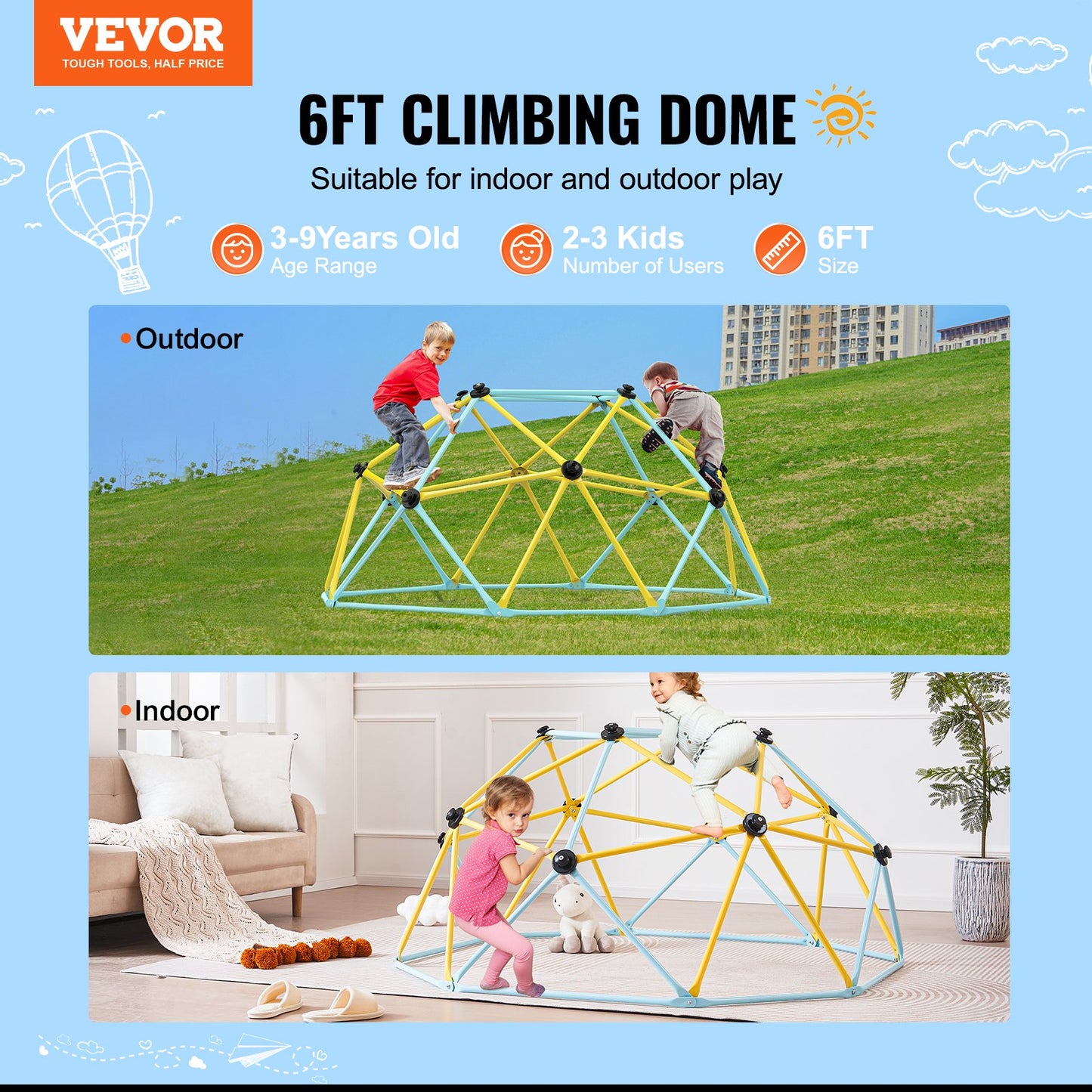 Climbing Dome, Jungle Gym Supports 600LBS And Easy Assembly, 6FT Geometric Dome Climber Play Center For Kids 3 To 9 Years Old, With Climbing Grip, Outdoor And Indoor Play Equipment For Kids
