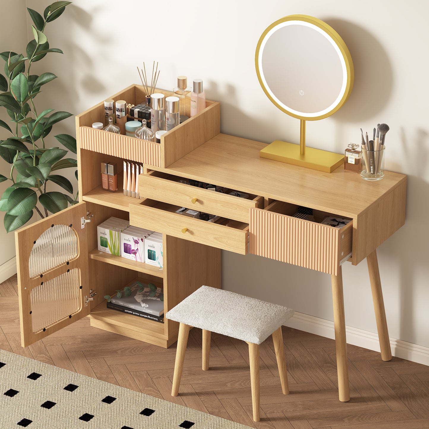 Dressing Table Set, Makeup Table With LED Mirror And 3-color Lighting, Wooden Dressing Table For Bedroom Studio - Dimensions W120 H90 D40 Cm Without Stool Old SKU RN3198724AAA