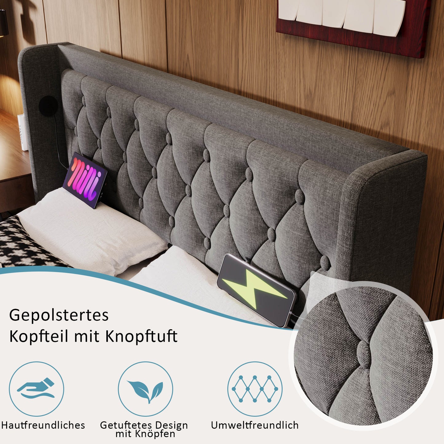 Upholstered Bed Double Bed 140x200 Cm,Grey Cotton Material Hydraulic Storage Bed, Upholstered Headboard With USB Type-C Charging Function, 3-Sided LED Function Without Mattress