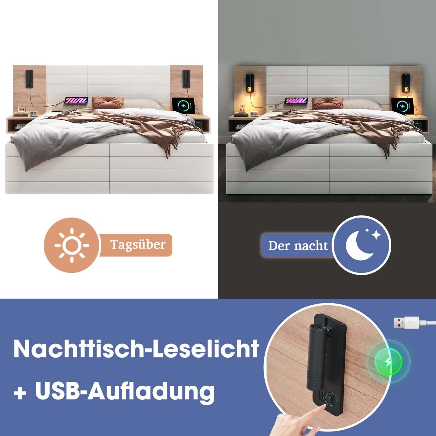 Double Bed Wooden Bed Bed140x200cm With 2 Drawers, Headboard Reading Light With USB Charging Function, Modern Bed Incl. 2 Bedside Dressers, Bed Frame & Slatted Frame215x80x207cm Set In Oak White Witho