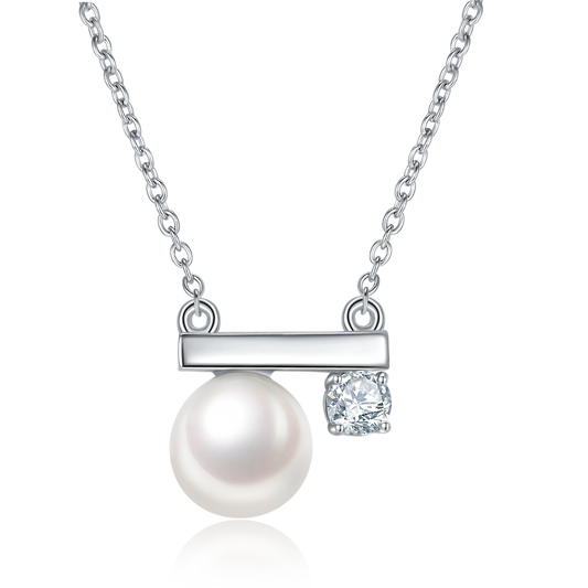 S925 Sterling Silver Natural Freshwater Pearl Necklace Asymmetrical Balance Bar Design Platinum Plated 2g Gift Box