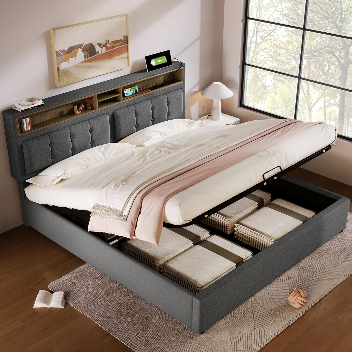 Upholstered Bed Double Bed With USB C Socket Charging Function Headboard, Storage Beds Bed Frame Made Of Linen Material Youth Bed 140x200 With Slatted Base Without Mattress