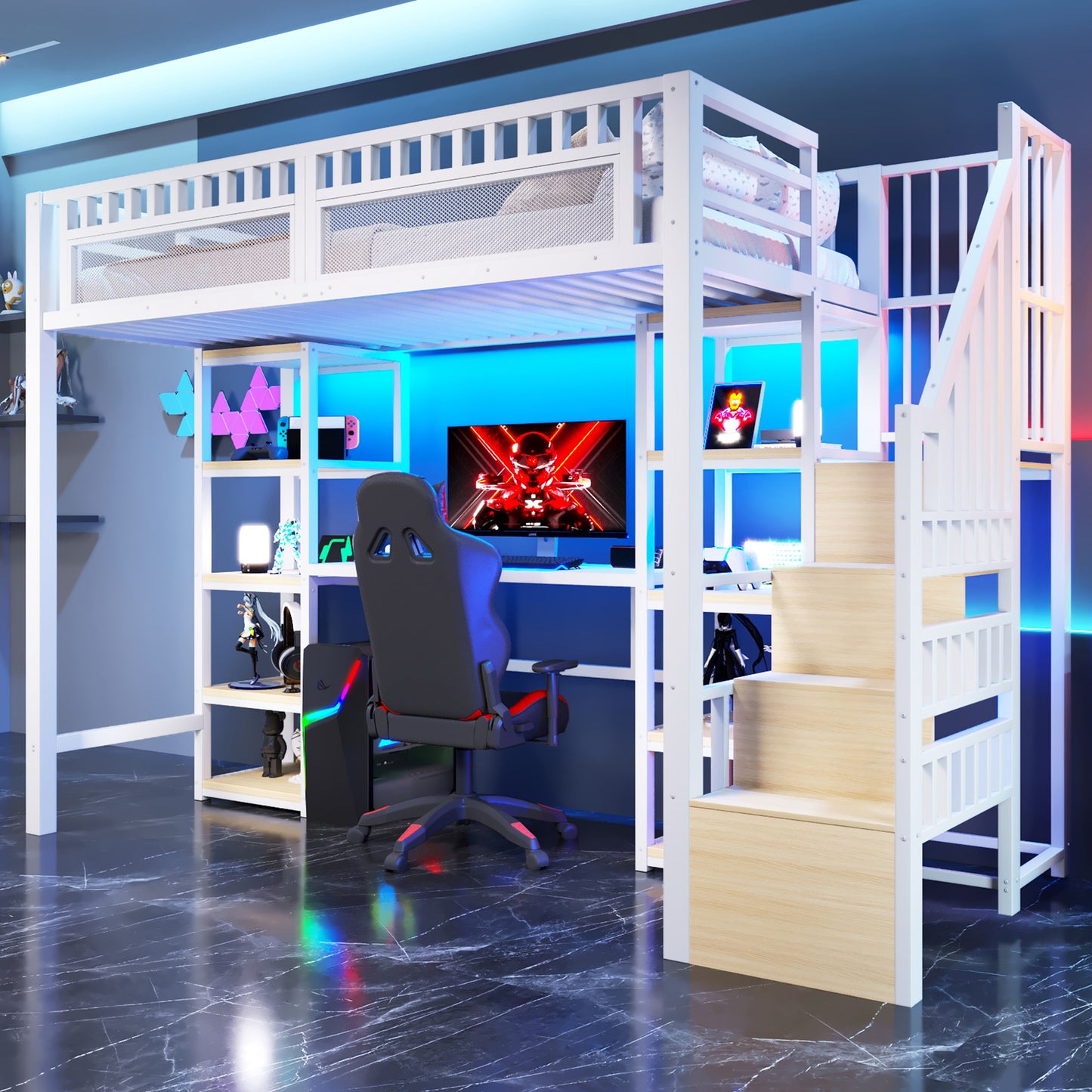 Loft Bed, 90 X 200 Cm, Iron Frame, Storage Compartment, Ladder With Storage Space, Desk, LED Light Strip, USB Port Included, Without Mattress, White