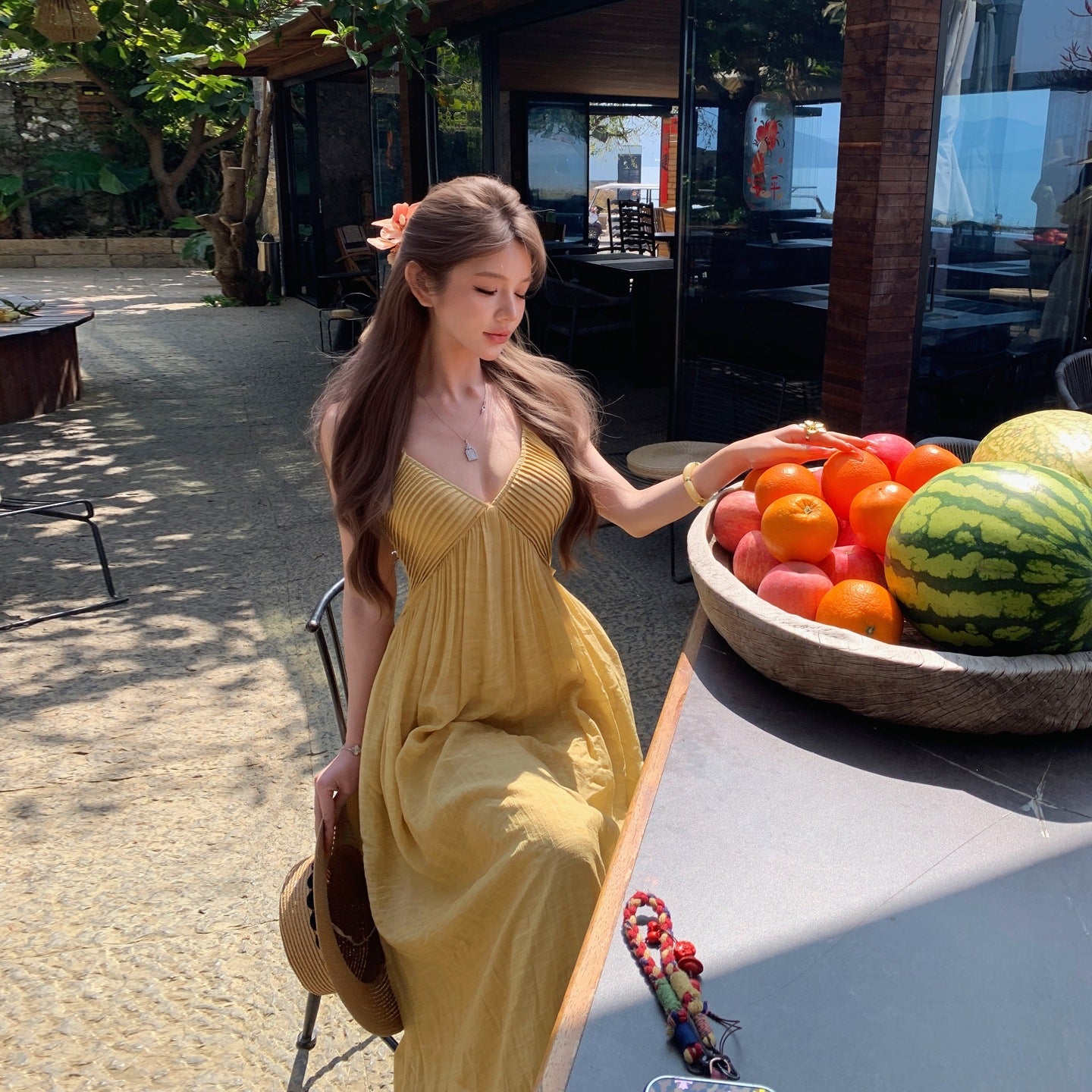 Stunning Yellow V-neck Tea-length Strap Dress For Summer