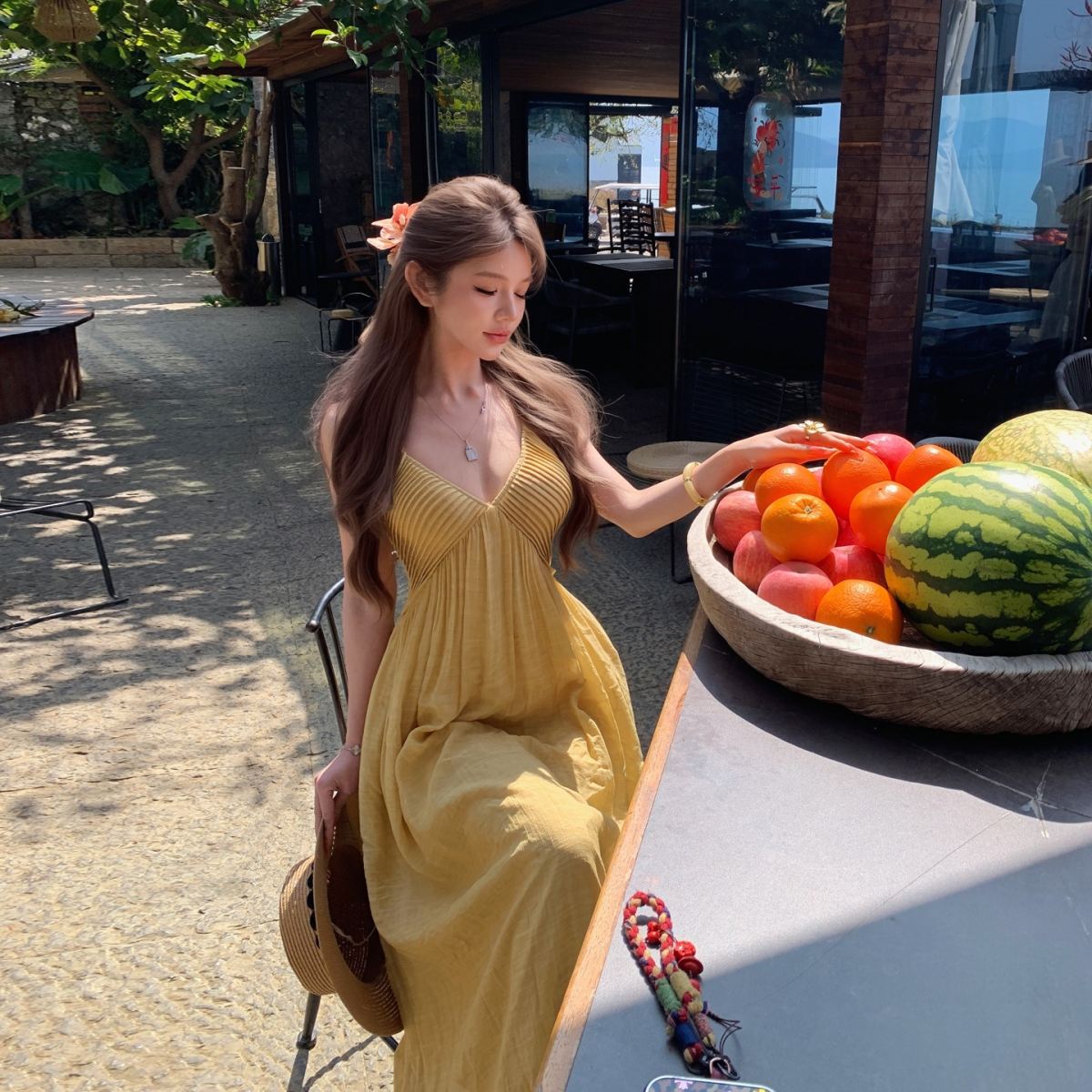 Stunning Yellow V-neck Tea-length Strap Dress For Summer
