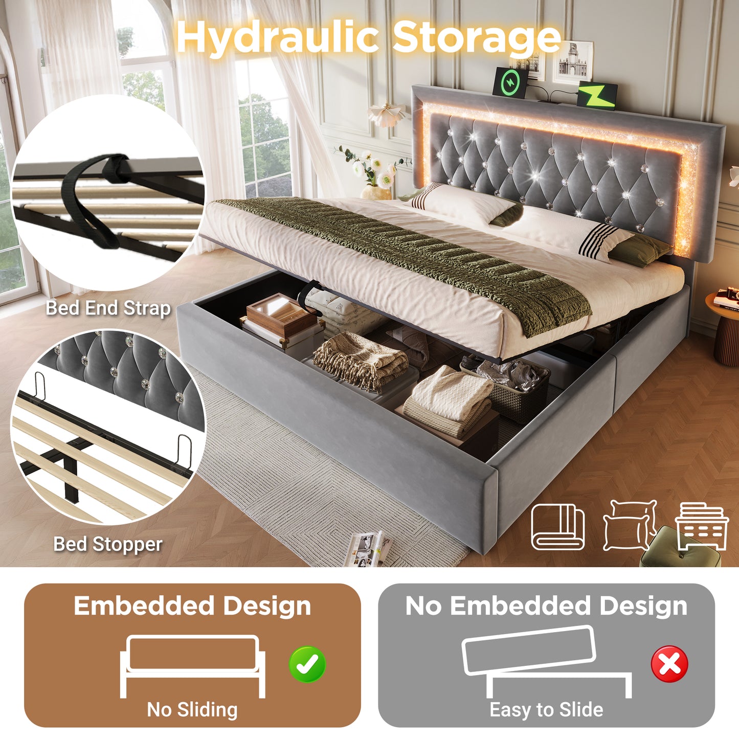 Upholstered Bed 150 X 200 Cm With LED Lighting, USB Type-C Charging, 5ft Hydraulic Storage Bed With Adjustable Diamond Tufted Headboard, Velvet, Grey No Mattress