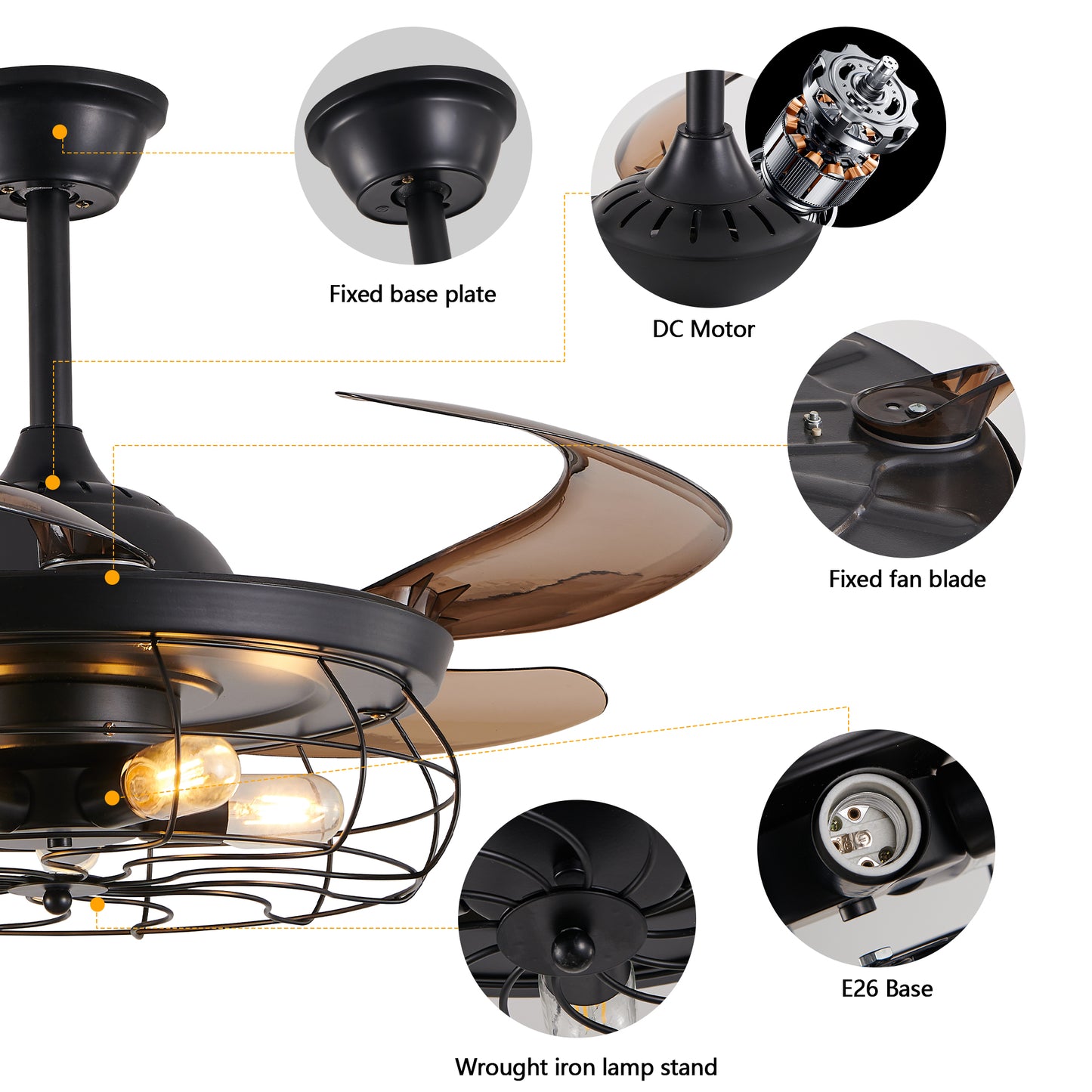 48  Black Remote Control Ceiling Fan Light   Industrial 4-Blade Fan With Cage Design And Adjustable Speed For Living Room, Bedroom, Or Office  Silent 6-Speed Reversible DC Motor Bulb Not Included