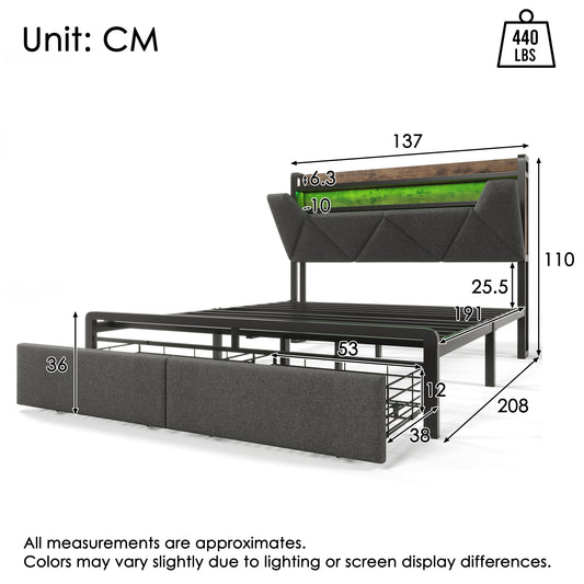 Upholstered Double Bed With LED Lighting, USB Type-C Charging Function, Storage Headboard And Drawers, 4ft6 Double Bed 135 X 190 Cm, Storage Bed Frame With Metal Slatted Frame,Linen, Grey No Mattress
