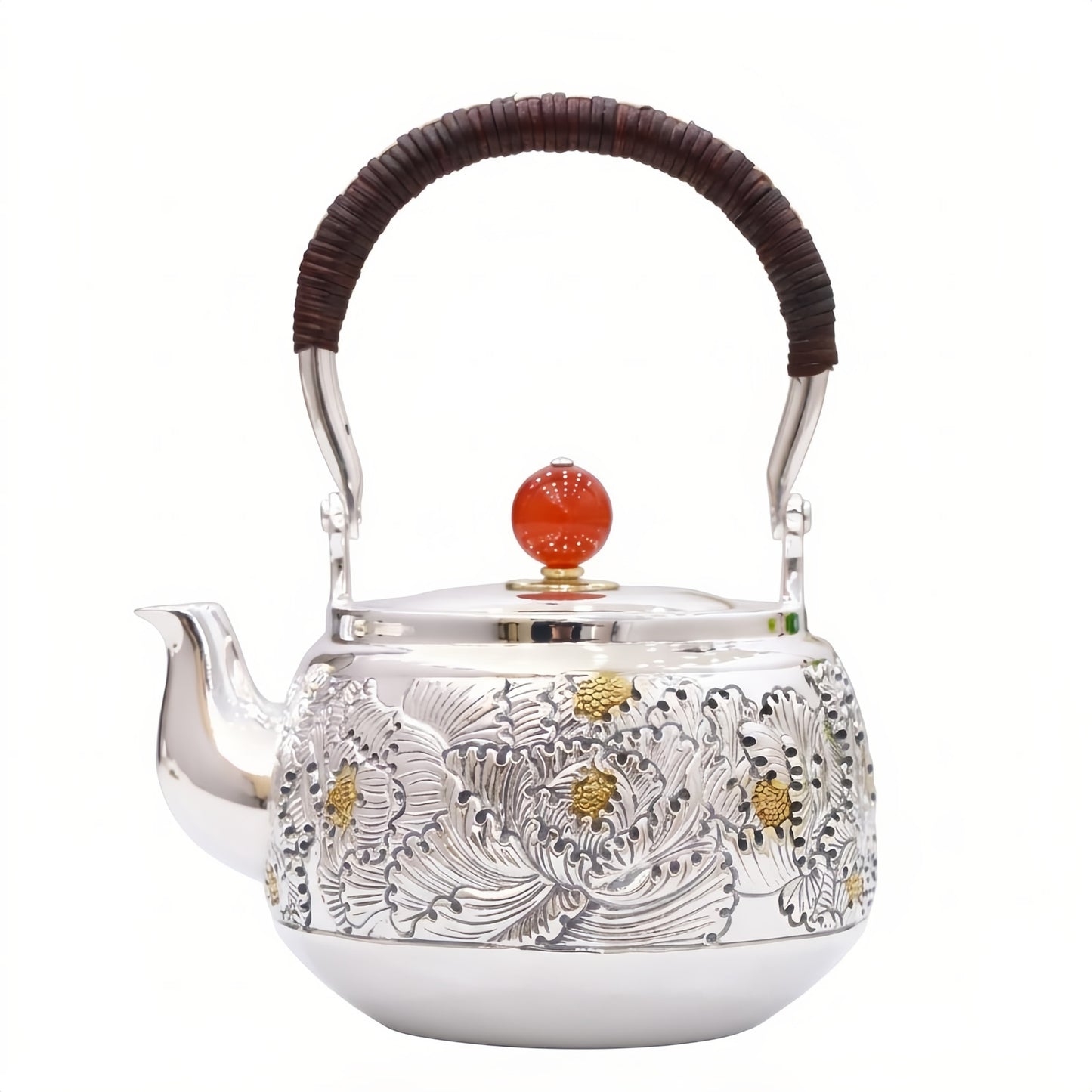 925 Sterling Silver Handcrafted Silver Tea Kettle with Intricate Floral Engravings and Red Gemstone Finial - Handicraft