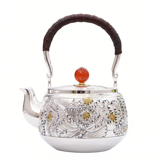 925 Sterling Silver Handcrafted Silver Tea Kettle with Intricate Floral Engravings and Red Gemstone Finial - Handicraft