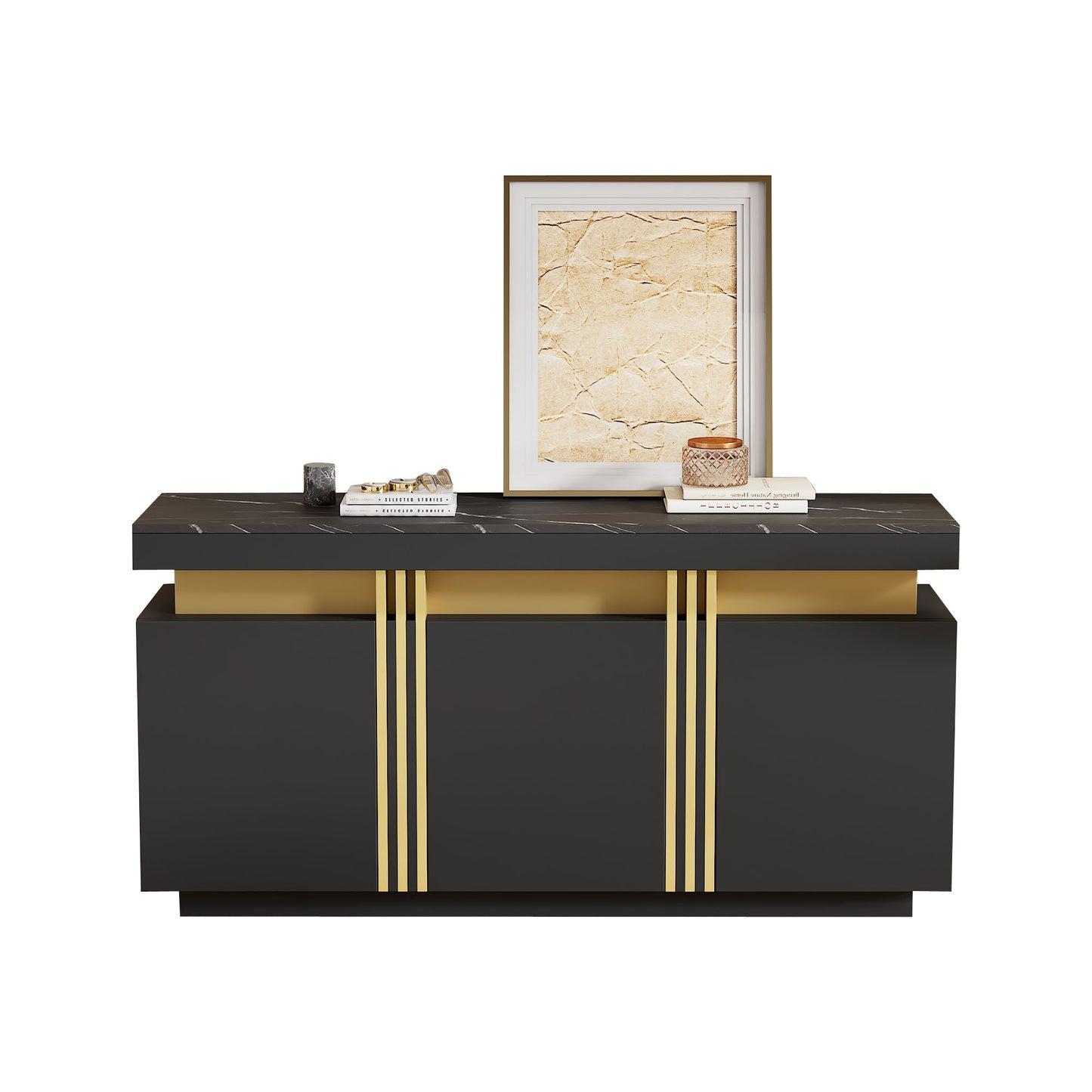Modern Black & Gold Buffet Cabinet, 55'' Sideboard With Faux Marble Top, Luxury Storage Credenza With 3 Doors & Adjustable Shelves For Kitchen, Dining Room, Living Room, Entryway