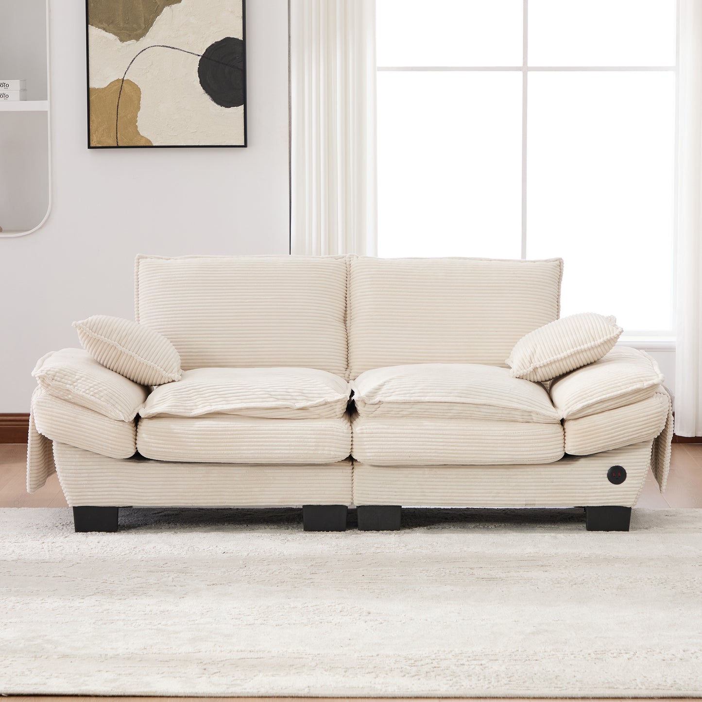 Modular Corduroy Sofa For 2 People With A Wide Seat, Ergonomic Design, High-density Foam Padding, USB-C Port And Side Pockets. Ideal For Living Room, Office Or Lounge.Beige