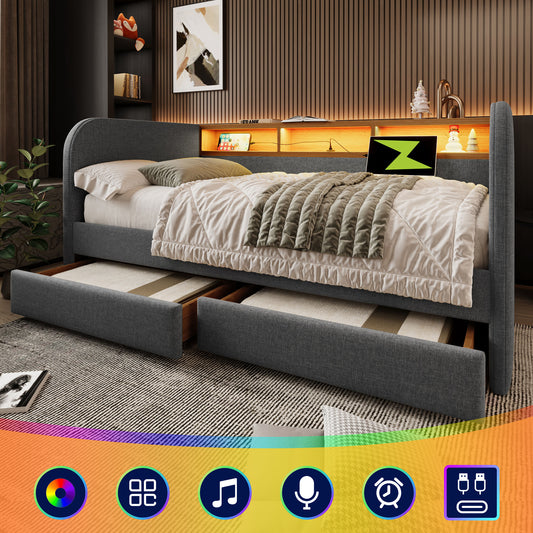 AB20754142G Upholstered Bed Daybed 140x190 Cm, Sofa Bed With LED And USB-C Charging, Daybed With 2 Drawers And Storage Headboard, Linen, Grey  Without Mattress