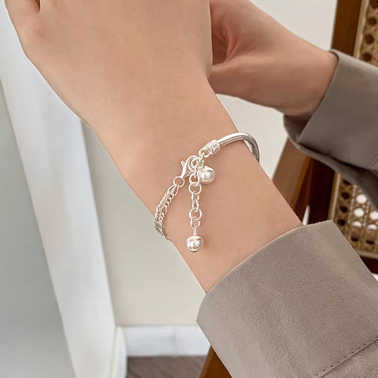 1pc 999 Sterling Silver Half-Bangle With Bead Tassel Bracelet, Minimalist Chinese Style, Perfect For Daily Wear & Valentine's Gifts