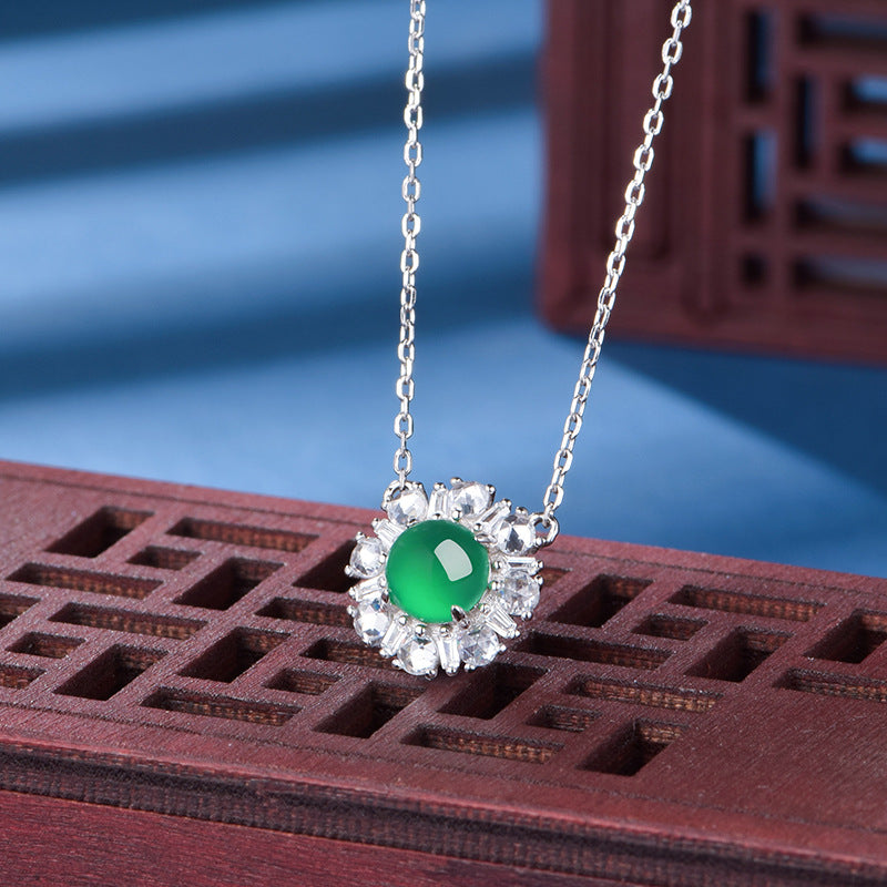 S925 Sterling Silver Necklace 45cm, 6mm Round Green Chrysoprase Pendant, Platinum Plated D Aisy Flower Jewelry For Women With Gift Box