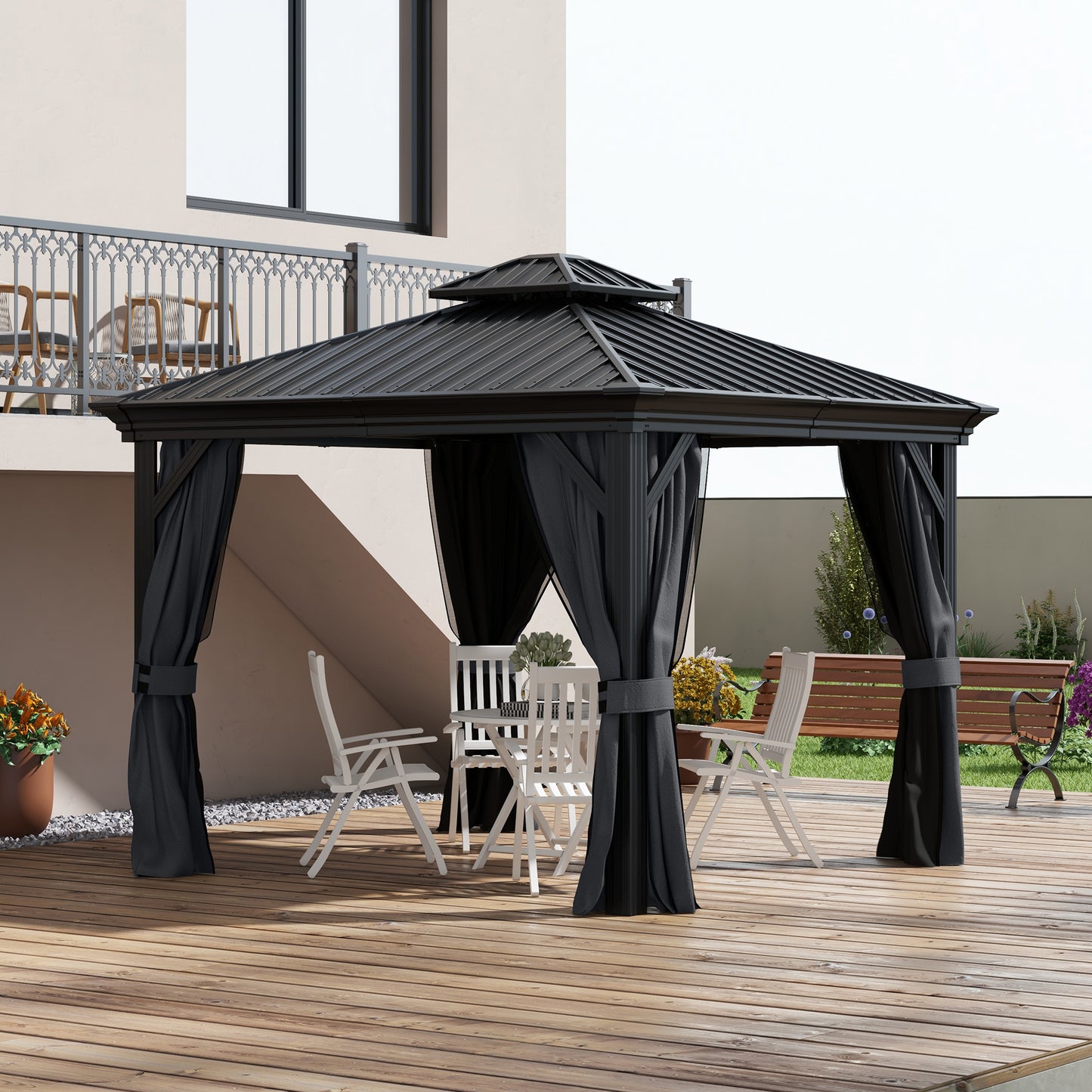 3.65 X 3m Aluminium Hardtop Gazebo, With Accessories - Dark Grey