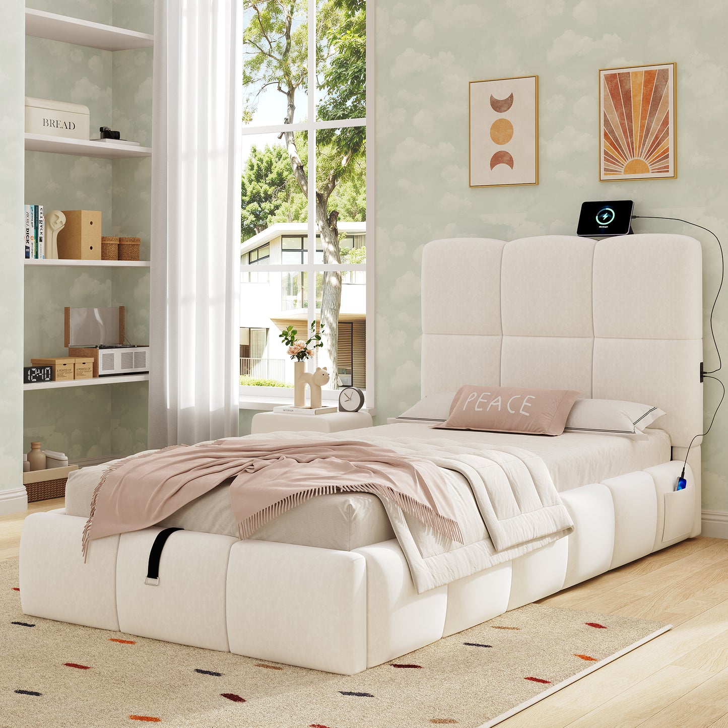 Upholstered Bed, Single Bed, Cot 90 X 200cm, Hydraulic Functional Bed, Bed With Slatted Frame, Headboard, Large Storage Space And USB Charging Port, Upholstered Headboard, Velvet, Beige
