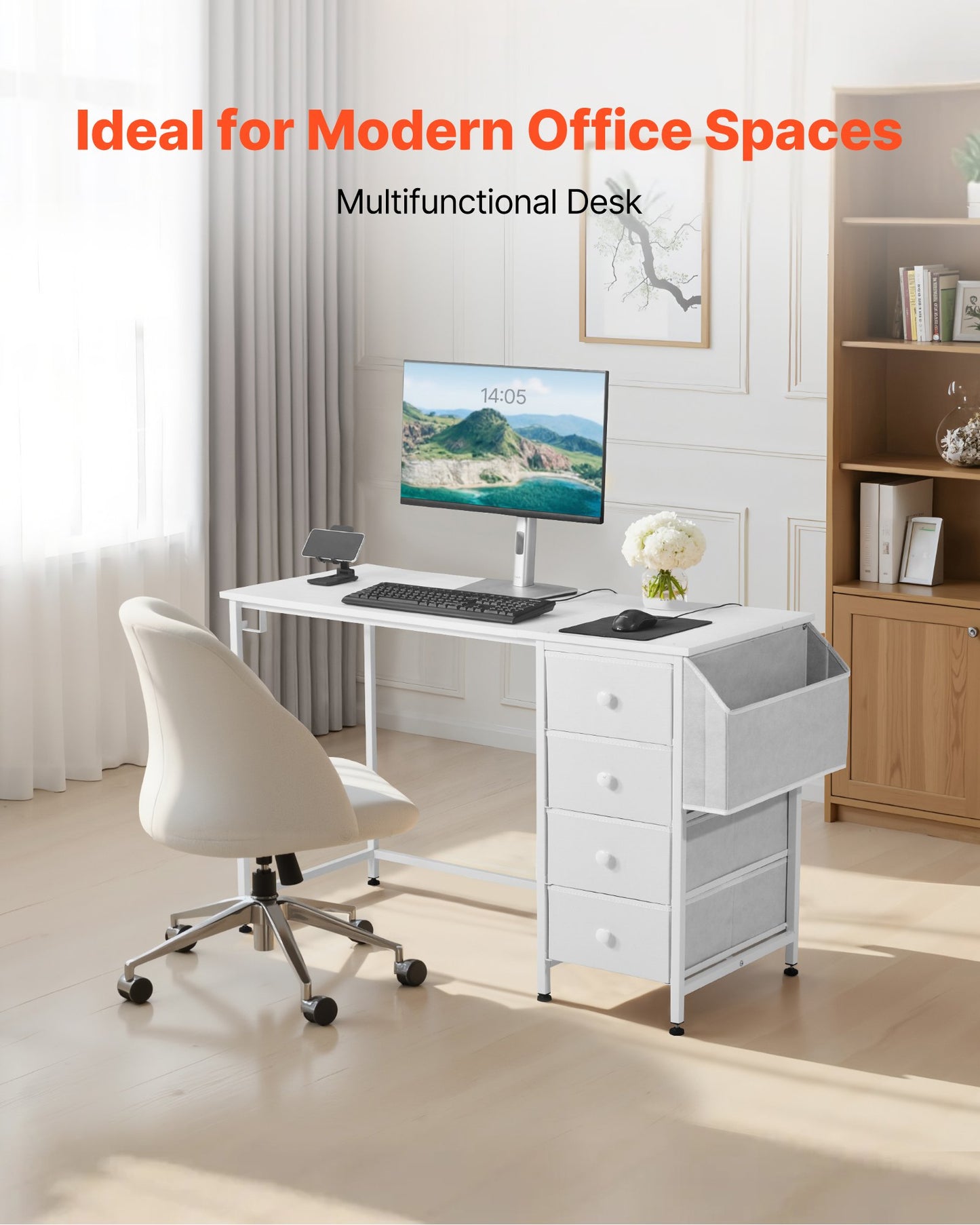 Computer Desk With Fabric Drawers, 120 Cm Reversible Study Work Writing Desk For Modern Home Office Bedroom, Simple Modern Cute PC Table Metal Frame Business Furniture, White