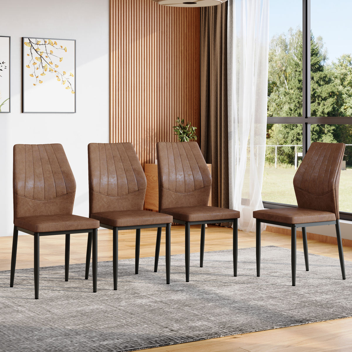 Set Of 4 Brown - And - Black Dining Chairs With Shell - Pattern, 37 Inches High Ergonomic Tech Fabric Backrest, Combines Comfort And Style
