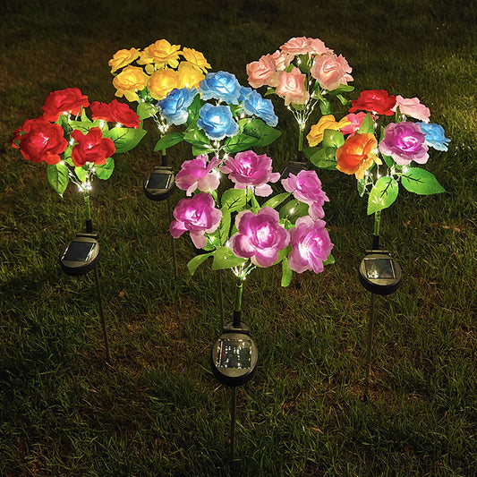 New Realistic LED Ground-insertion Ambient Lighting For Courtyards A 7-head Colorful Solar-powered Rose Decorative Lamp