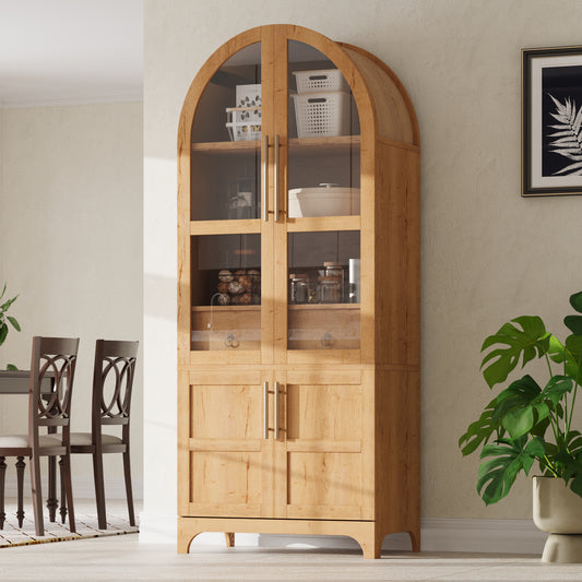 K&K 71  Tall Arched Kitchen Pantry Cabinet With Door Shelves, Farmhouse Kitchen Storage Cabinet With Open & Adjustable Shelves, Hidden Drawer & Glass Door, Cupboard For Kitchen, Dining Room, Natural