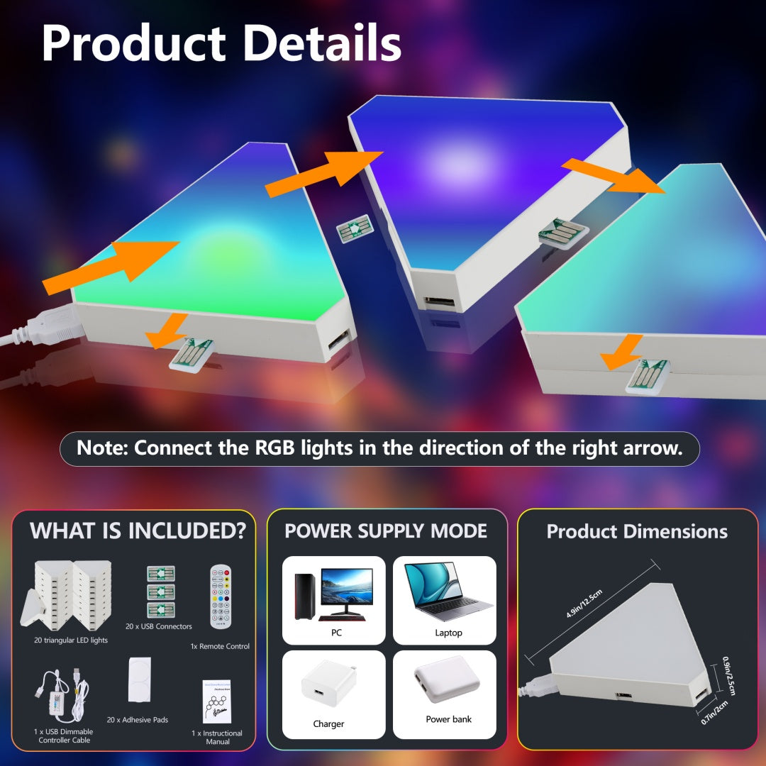 20-Pack Triangular Light Panels - Smart RGB LED Wall Lights With App & Remote - Music Sync Gaming Lights For Gamers, Game Room Decor, Gaming Equipment, Living Room, Bedroom, Kids & Adults