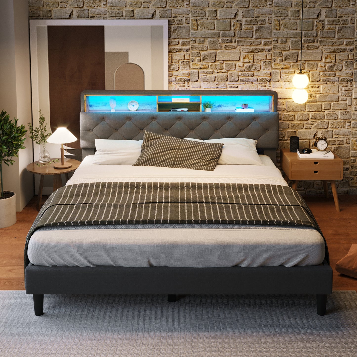 Upholstered Bed Double Bed Storage Headboard Bed With LED Lighting Bed Frame Wooden Slatted Frame,140x200CM Grey Without Mattress