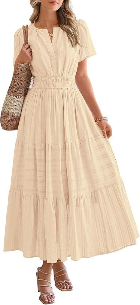 Spring Summer New Arrival Women's Dress, Fashion V-Neck Ruched Puff Sleeve Tiered Swing Dress