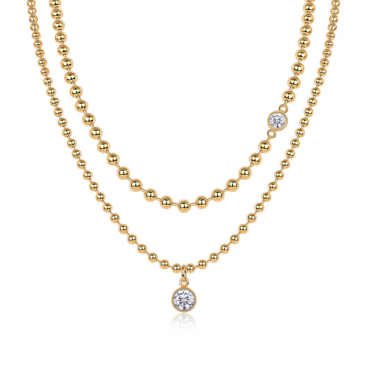 S925 Sterling Silver 1ct D Color VVS1 Moissanite Double Layer Beaded Necklace 40cm 23.3g Gold Plated GRA Certified Gift Box